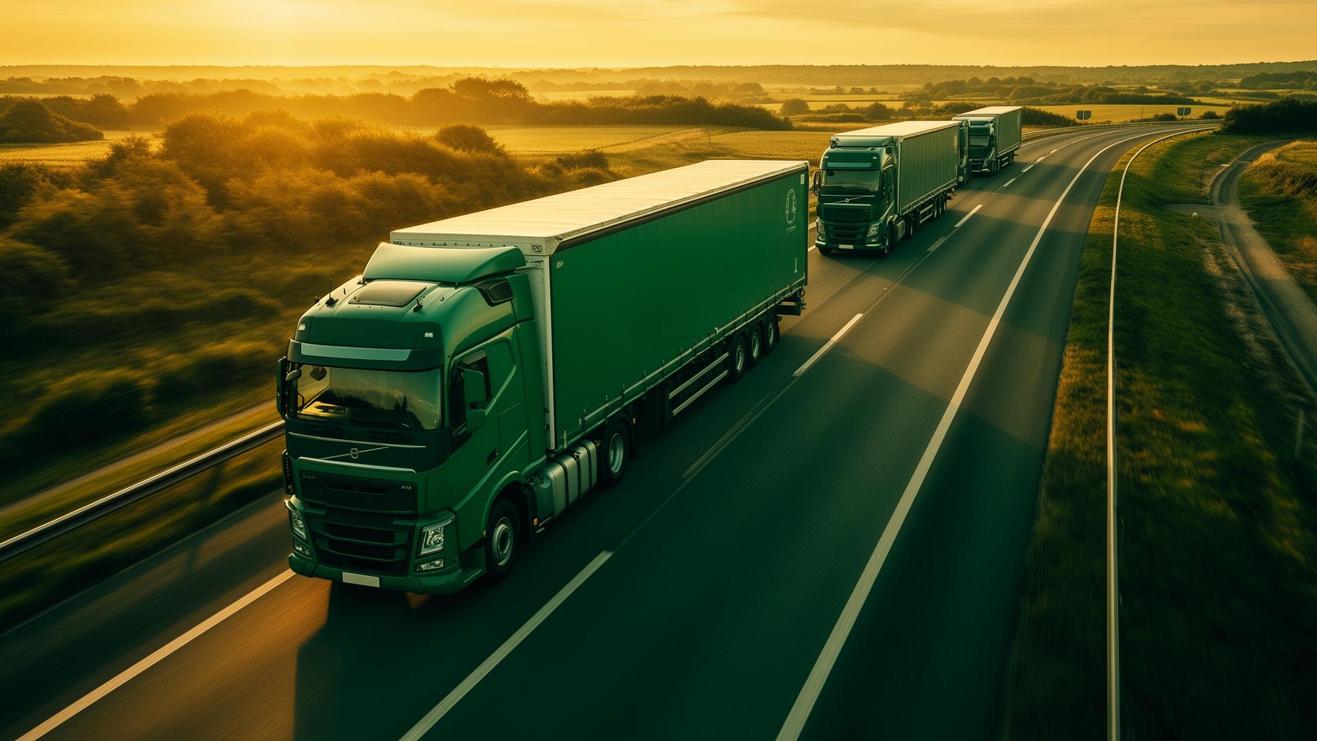 Fleet of trucks on highway at golden hour